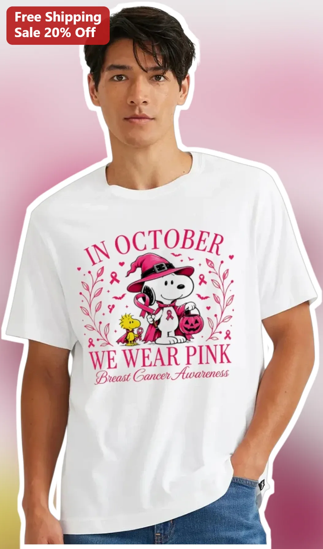 In October We Wear Pink Snoopy Breast Cancer Awareness Tee Halloween Peanuts Gift