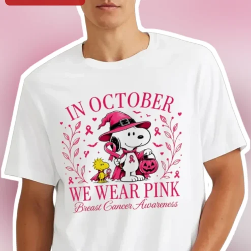 In October We Wear Pink Snoopy Breast Cancer Awareness Tee Halloween Witch Graphic Shirt