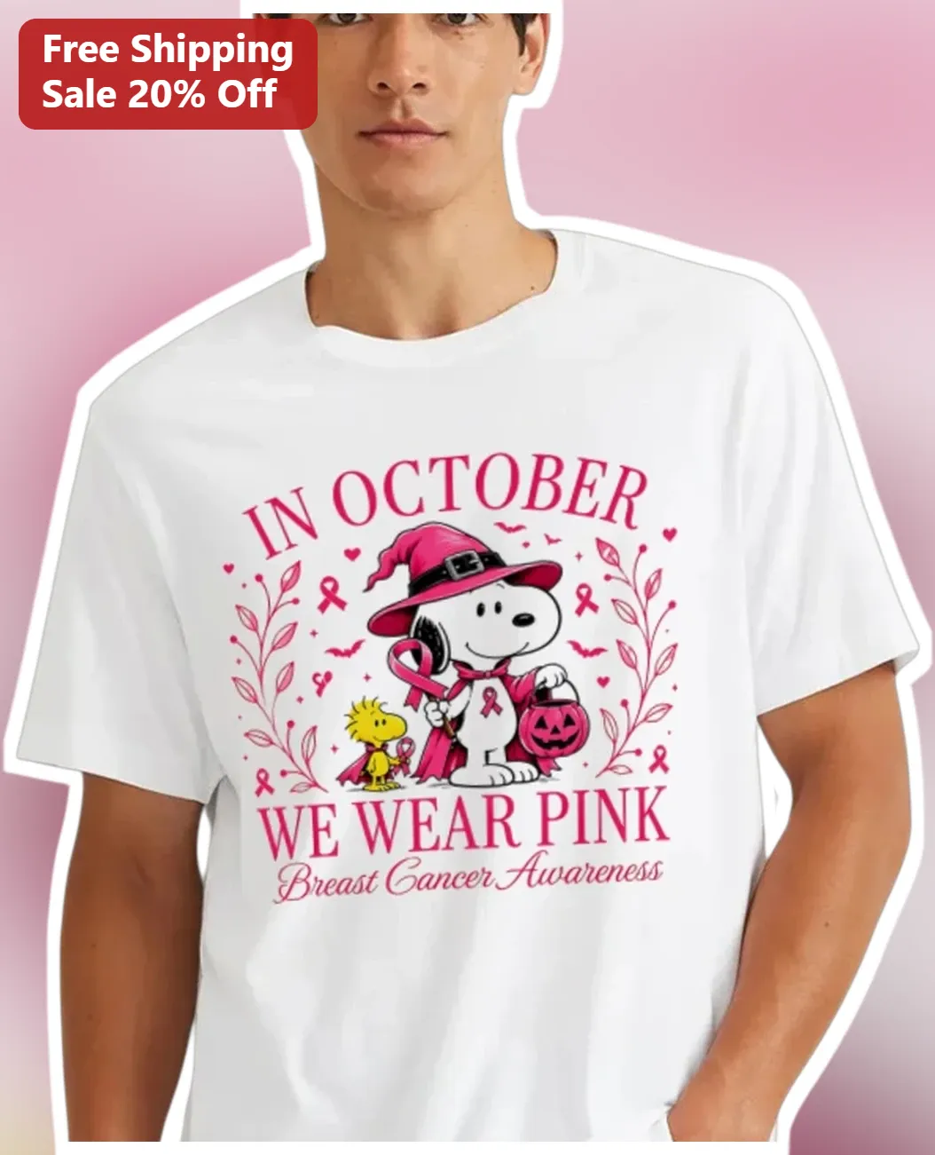 In October We Wear Pink Snoopy Breast Cancer Awareness Tee Halloween Witch Graphic Shirt