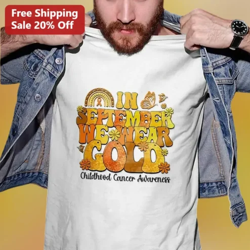 In September We Wear Gold Childhood Cancer Awareness Tee Retro Gold Ribbon Support Gift