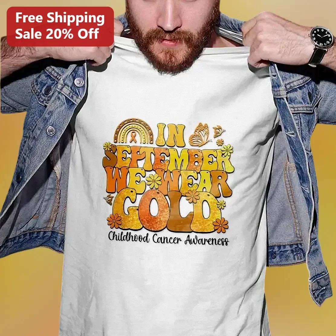 In September We Wear Gold Childhood Cancer Awareness Tee Retro Gold Ribbon Support Gift