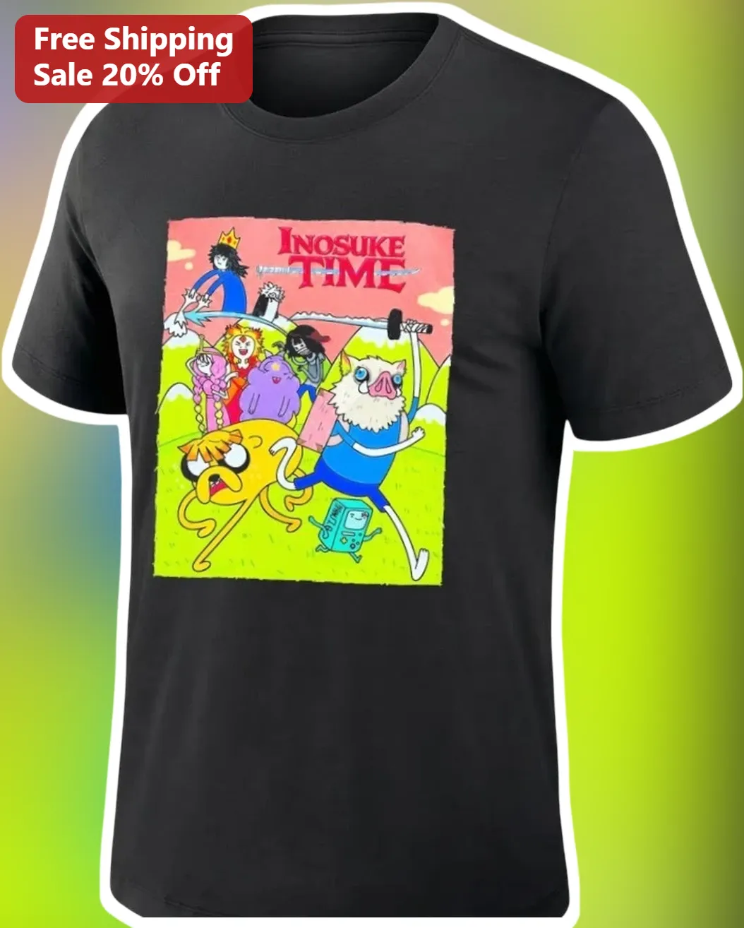 Inosuke Time Graphic Tee Demon Slayer Inosuke Hashibira Adventure Time Crossover Anime Shirt for Men Women