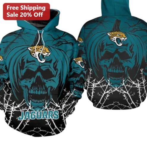Jacksonville Jaguars Halloween Skull Pumpkin Teal Pullover Hoodie NFL Fan Gift