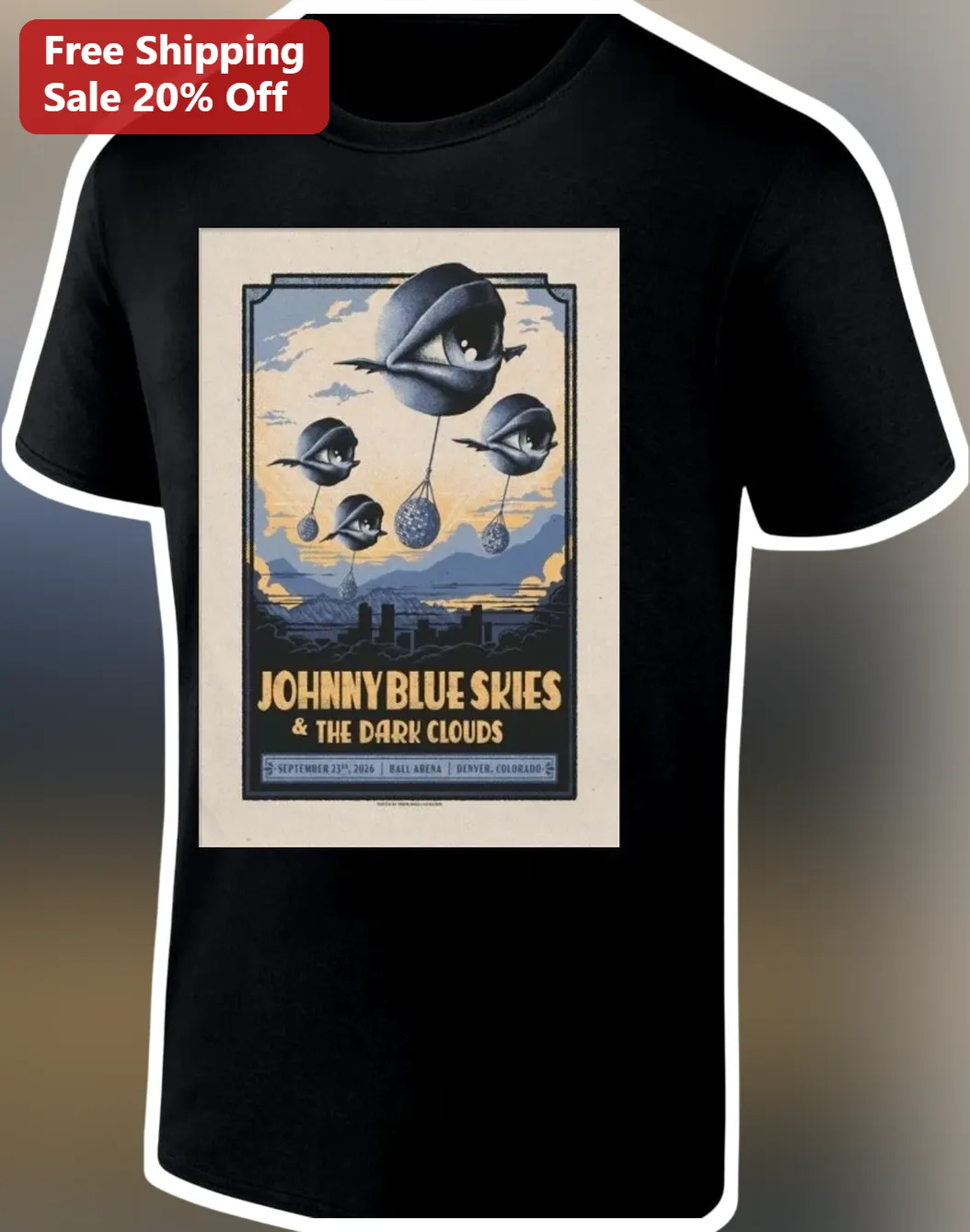 Johnny Blue Skies The Dark Clouds Vintage Surreal Eye Balloons Graphic Tee