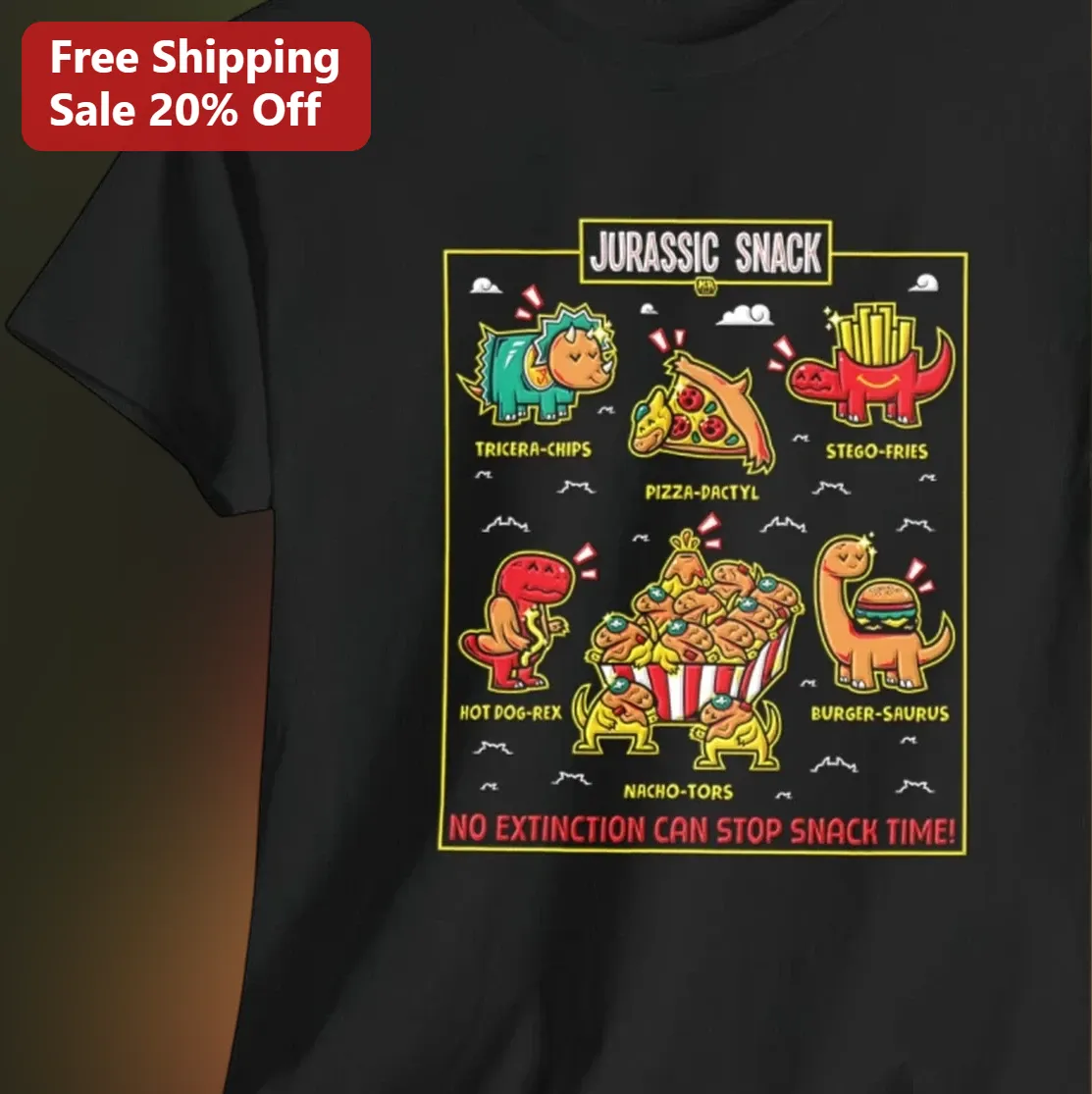 Jurassic Snack Funny Dinosaur Food Puns Tee, Tricera-Chips Pizza-Dactyl Snack Time Shirt Gift for Kids and Dinosaur Lovers