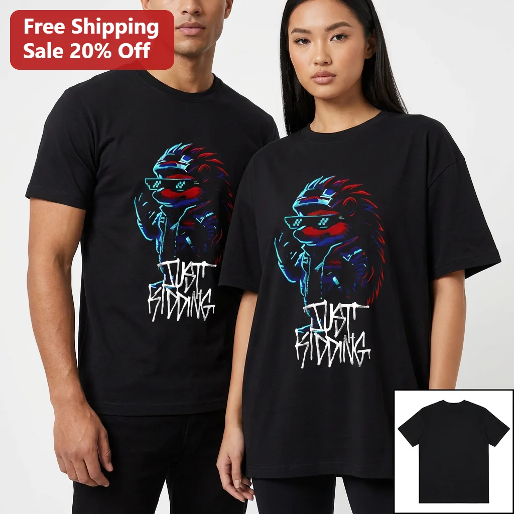 Just Kidding Hedgehog Tee, Funny Pixel Sunglasses Streetwear Animal Graphic Tee for Men Women