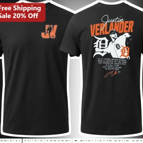 Justin Verlander 3X Cy Young Winner MVP All-Star Detroit Tigers Pitcher Graphic Tee