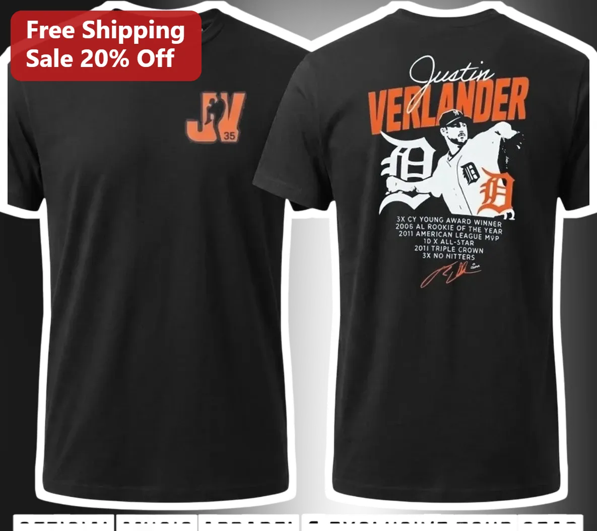 Justin Verlander 3X Cy Young Winner MVP All-Star Detroit Tigers Pitcher Graphic Tee