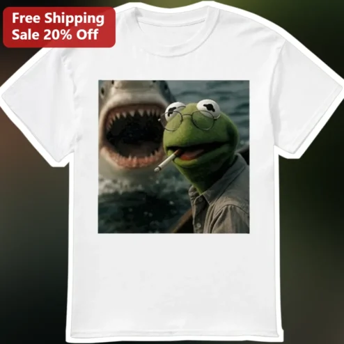 Kermit the Frog Tee Meme Shark Attack Graphic T-Shirt Funny Vintage Style Gift