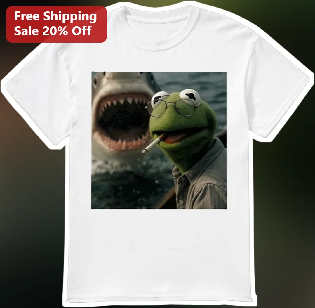 Kermit the Frog Tee Meme Shark Attack Graphic T-Shirt Funny Vintage Style Gift