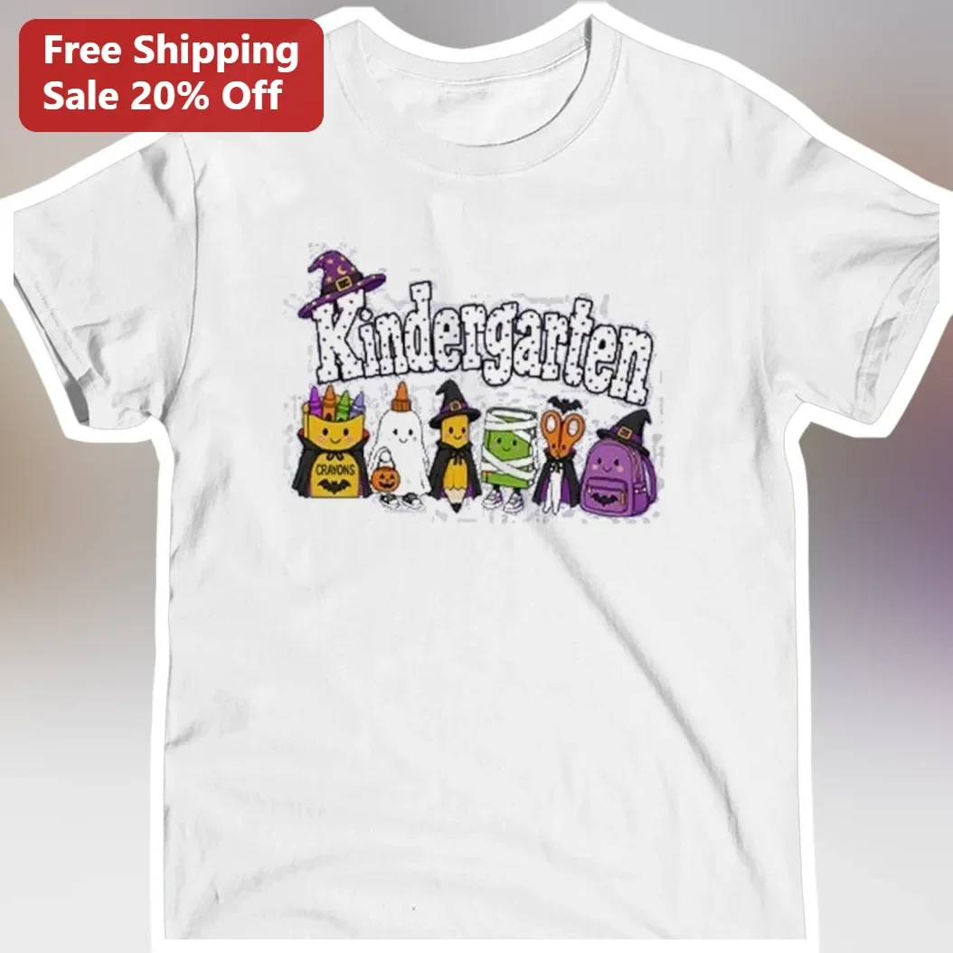 Kindergarten Halloween Teacher Tee Cute Spooky School Supplies Graphic Shirt