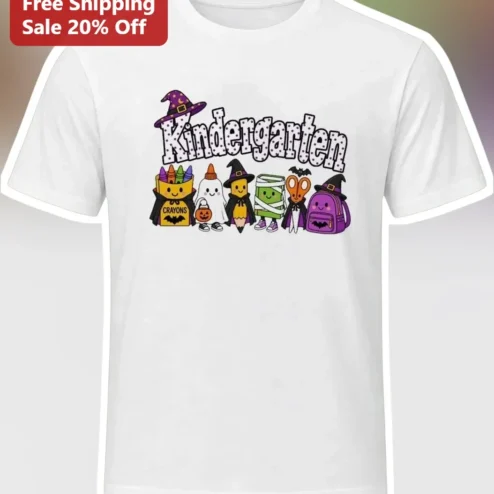 Kindergarten Halloween Teacher Tee Cute Spooky School Supplies Graphic Shirt for Women