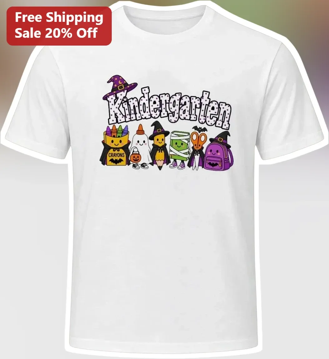 Kindergarten Halloween Teacher Tee Cute Spooky School Supplies Graphic Shirt for Women