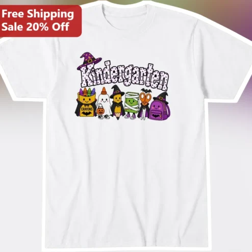 Kindergarten Halloween Tee Cute Spooky School Supplies First Day of School Shirt for Teacher Kids