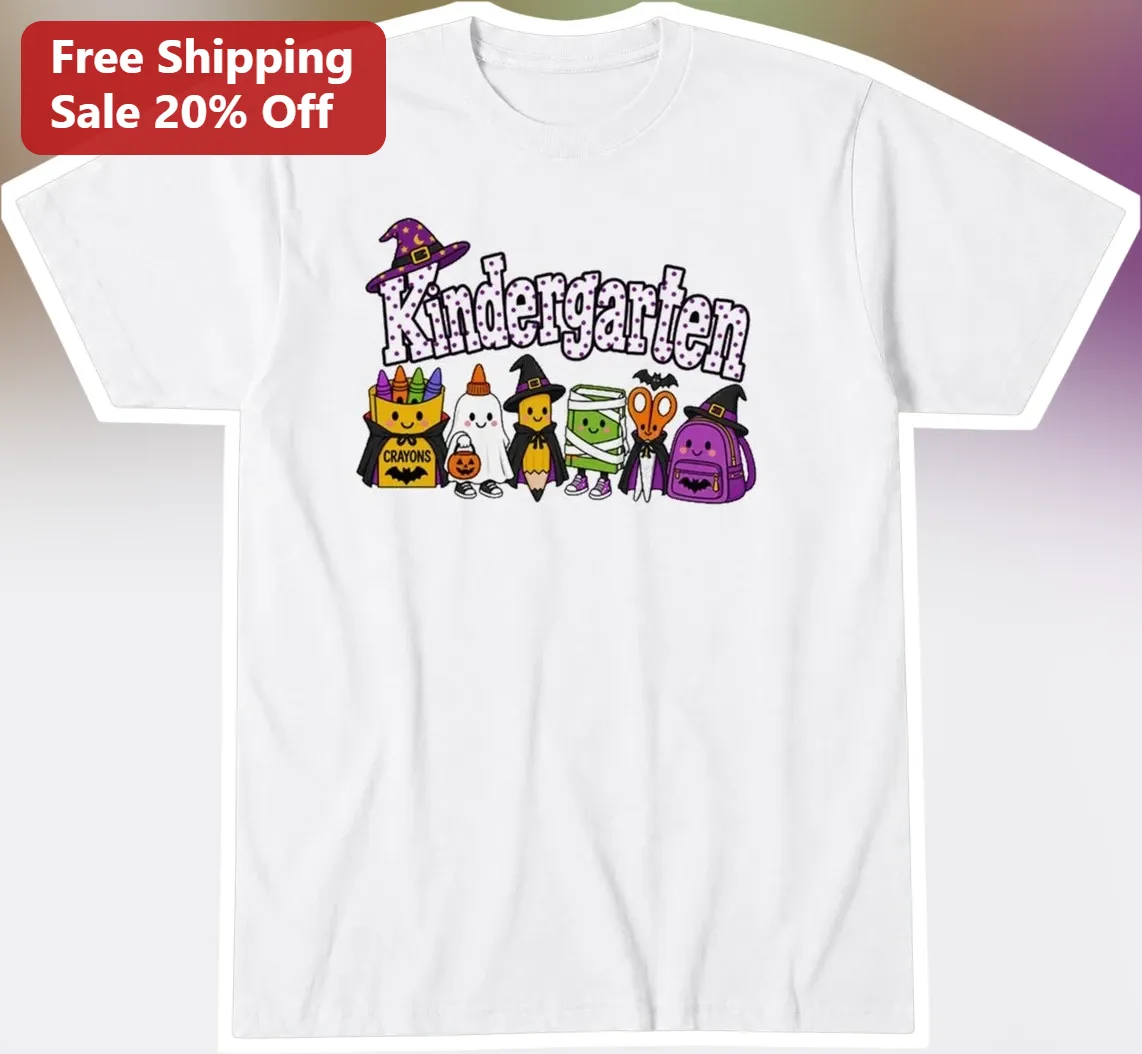Kindergarten Halloween Tee Cute Spooky School Supplies First Day of School Shirt for Teacher Kids
