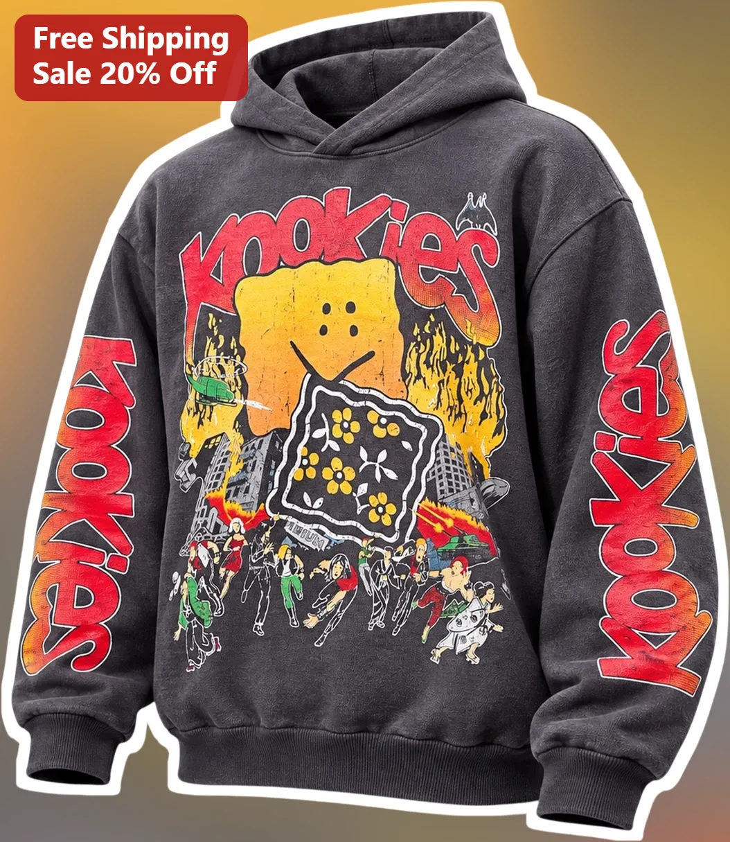 KOOKIES Hoodie Retro Streetwear Graphic Pullover Distressed Skate Style