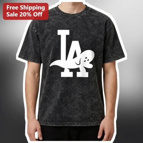 LA Dinosaur Graphic Tee Cute Raptor Los Angeles Streetwear Vintage Wash Shirt