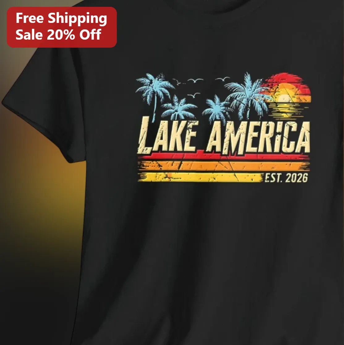 Lake America Est. 2026 Retro Sunset Graphic Tee, Vintage Lake Life Patriotic Americana Shirt Gift for Lake Lovers