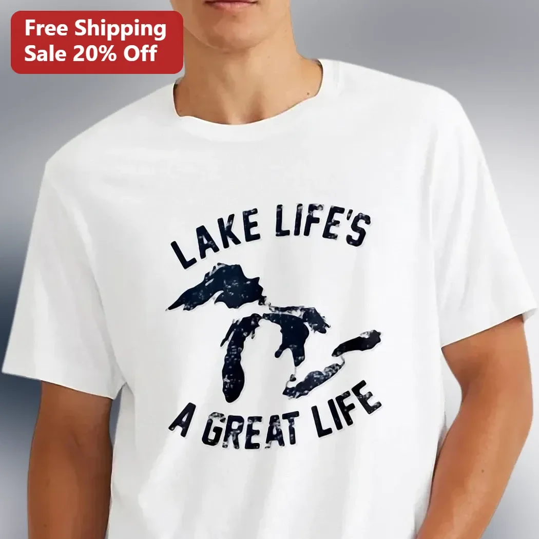 Lake Life's A Great Life Tee Vintage Distressed Great Lakes Map Graphic Shirt for Boaters Fishermen Campers