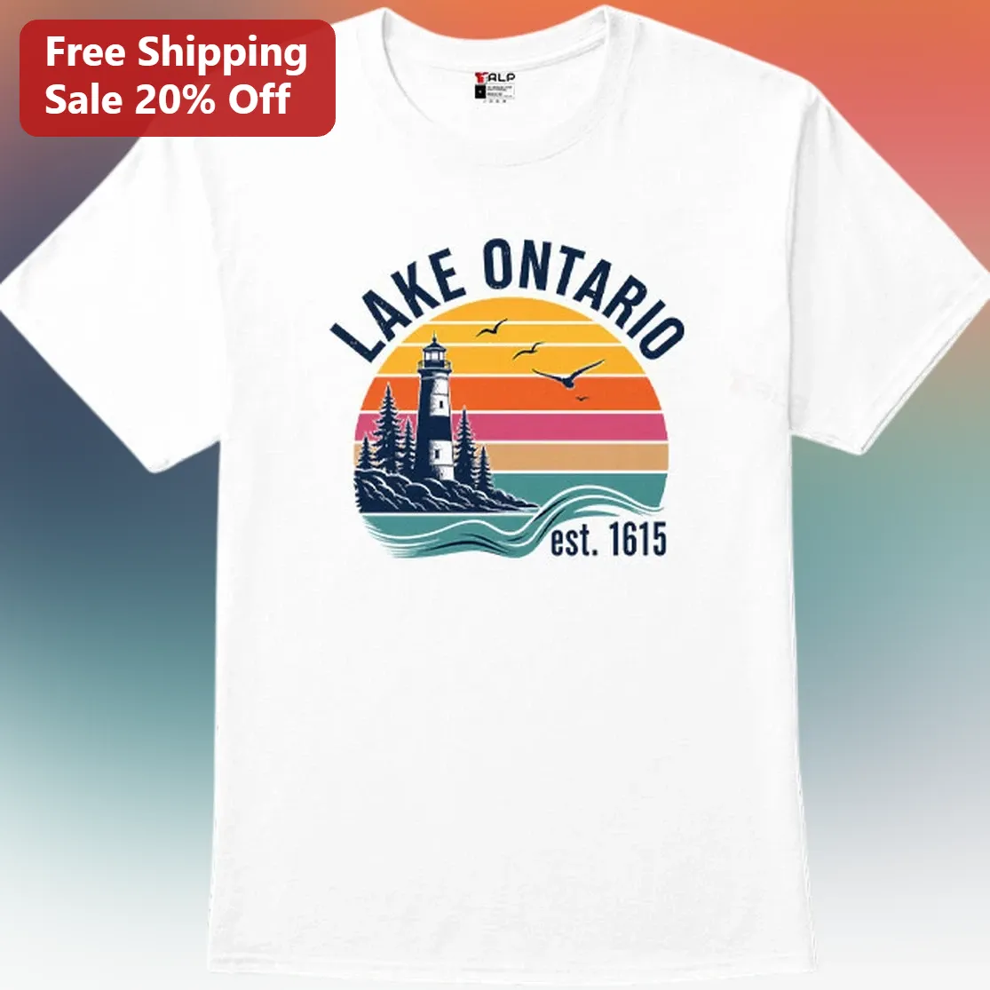 Lake Ontario Est Vintage Lighthouse Tee, Retro Sunset Great Lakes Souvenir Shirt, Lake House Gift for Boaters
