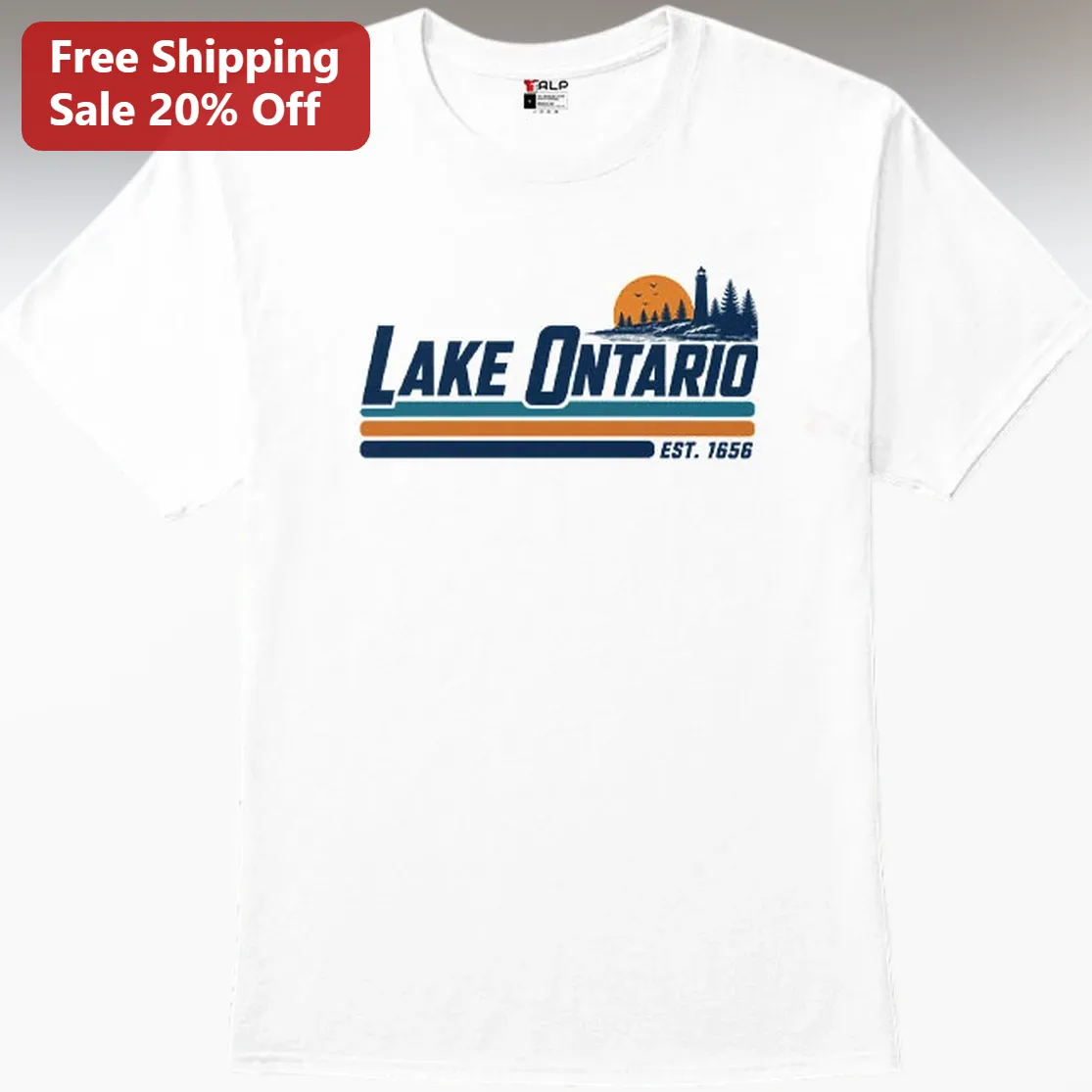 Lake Ontario Est. Tee Vintage Retro Sunset Lighthouse Great Lakes Souvenir Gift for Men Women