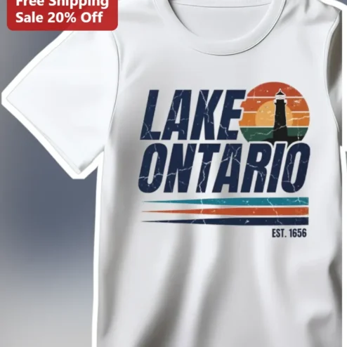 Lake Ontario Est. Vintage Retro Lighthouse Sunset Graphic Tee