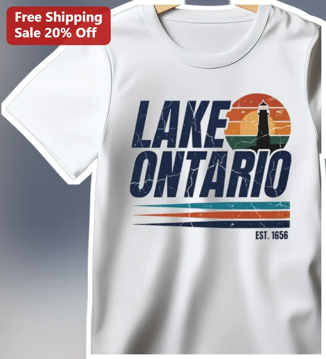 Lake Ontario Est. Vintage Retro Lighthouse Sunset Graphic Tee