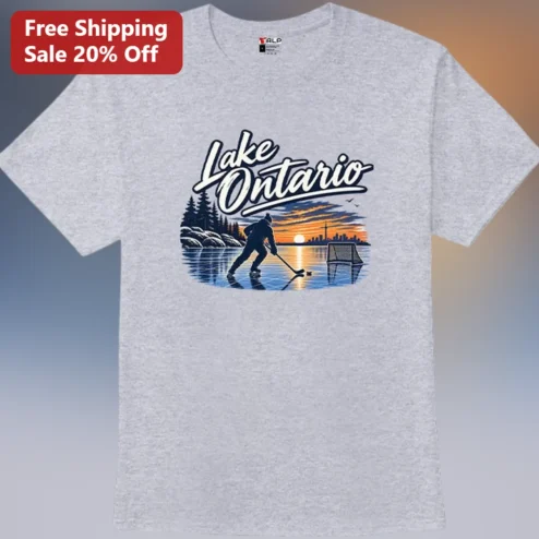 Lake Ontario Hockey Tee, Frozen Lake Sunset Skater Graphic Shirt, Canadian Ice Hockey Gift for Men