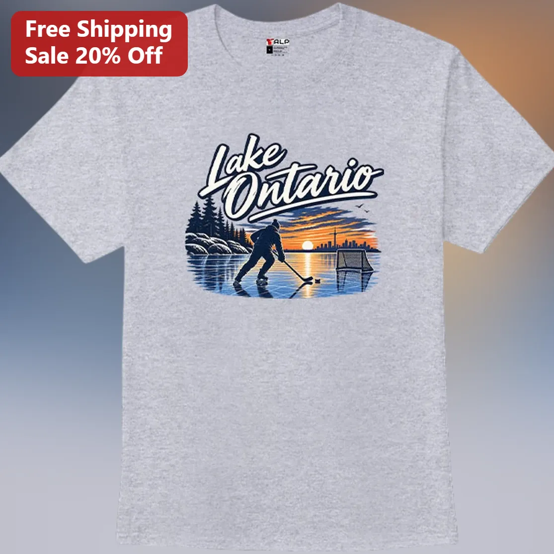Lake Ontario Hockey Tee, Frozen Lake Sunset Skater Graphic Shirt, Canadian Ice Hockey Gift for Men