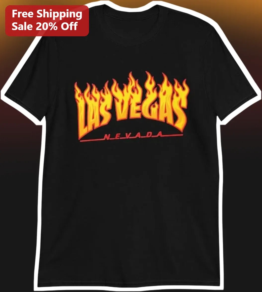 Las Vegas Nevada Flame Graphic Tee Retro Sin City Souvenir Shirt for Men Women available at our Chicago, Illinois warehouse