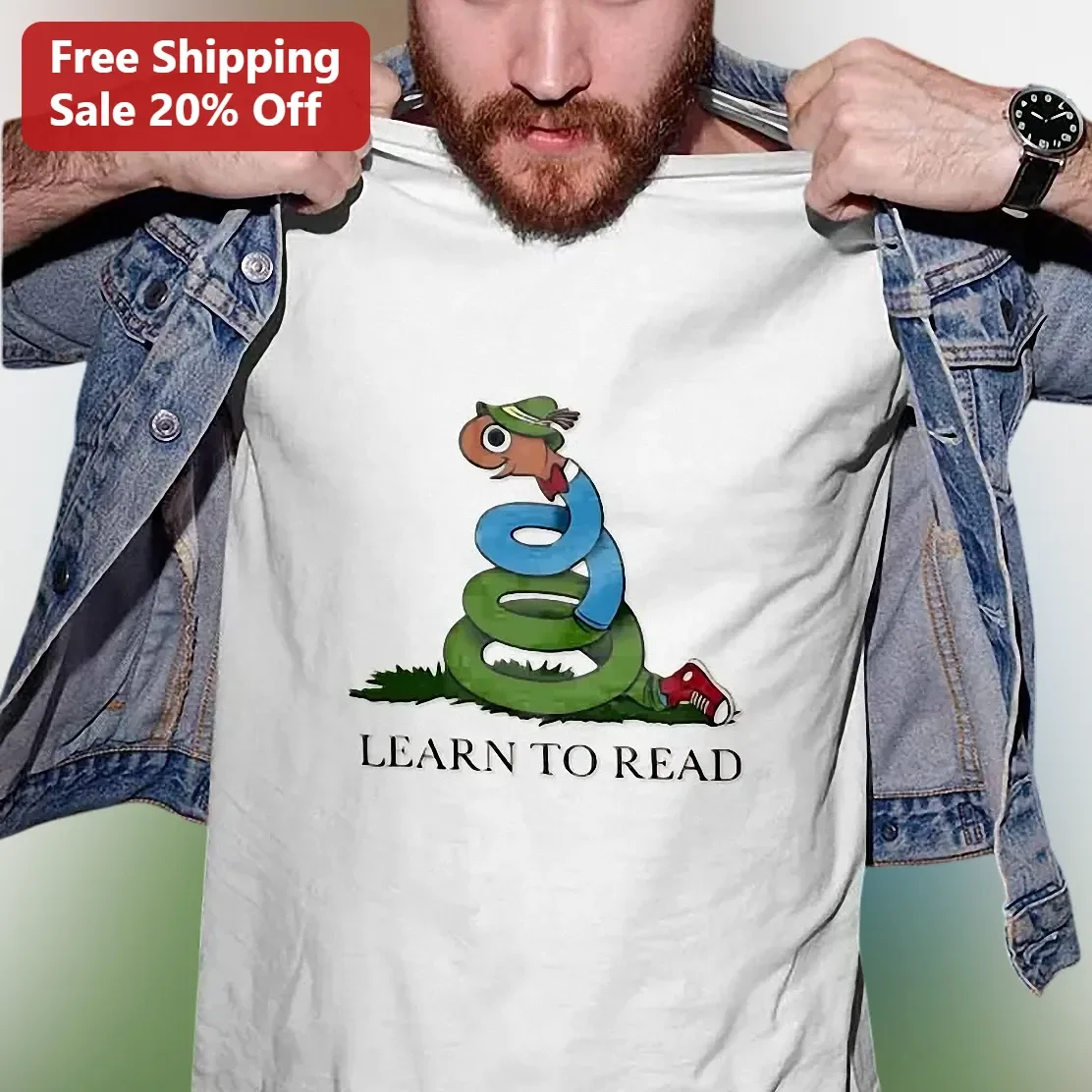 Learn to Read Cartoon Snake Graphic Tee for Teachers Librarians Book Lovers