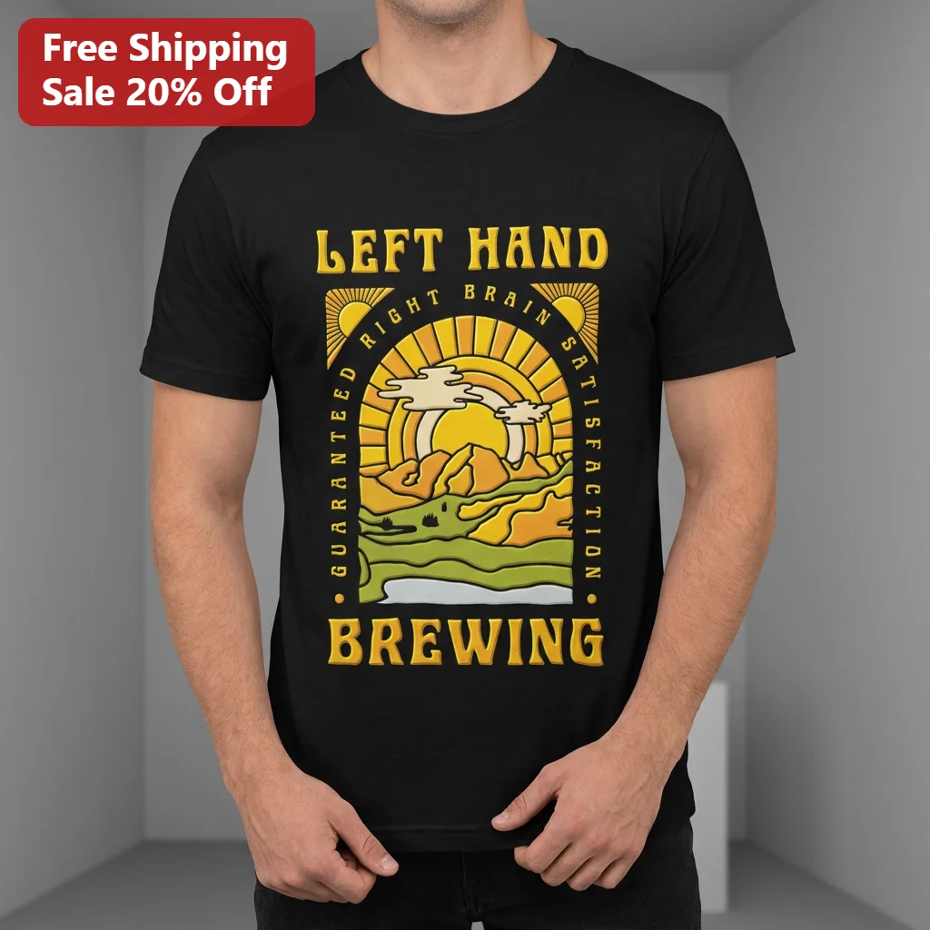 Left Hand Brewing Guaranteed Right Brain Satisfaction Tee, Vintage Sunset Mountain Craft Beer Shirt Gift for Beer Lovers