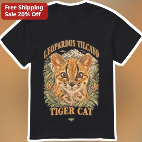 Leopardus Tilcayo Tiger Cat Vintage Botanical Illustration Tee for Wildlife Enthusiasts