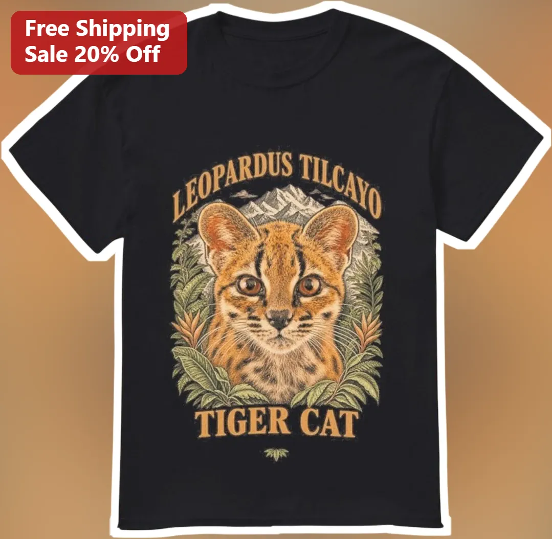 Leopardus Tilcayo Tiger Cat Vintage Botanical Illustration Tee for Wildlife Enthusiasts