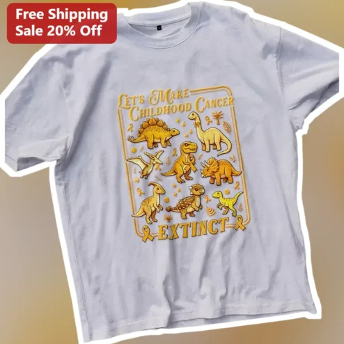 Let's Make Childhood Cancer Extinct Gold Ribbon Awareness Tee Retro Dinosaur Gift