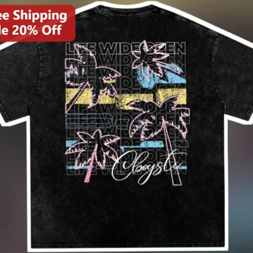 Life Wide Open Coastal Tee Retro Vintage Palm Tree Sunset Graphic Shirt for Beach Lovers