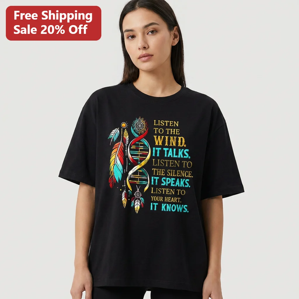 Listen to the Wind It Talks Inspirational Quote Tee Dreamcatcher Feather Design Spiritual Gift for Her