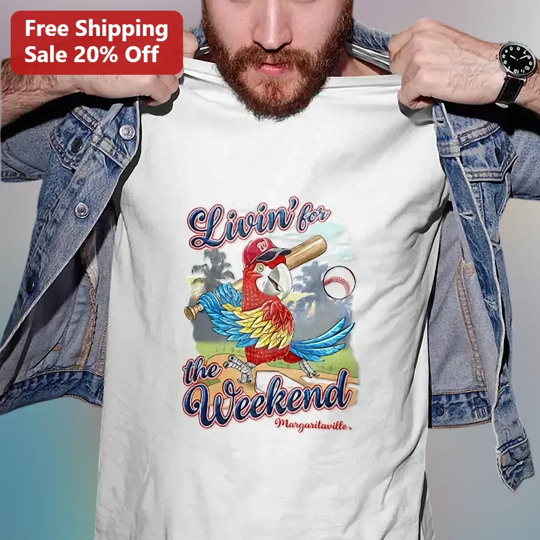 Livin' for the Weekend Margaritaville Parrot Baseball Tee Jimmy Buffett Style Retro Graphic Shirt