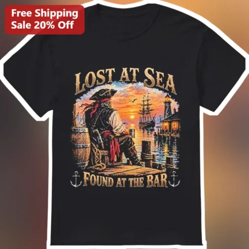 Lost At Sea Found At The Bar Vintage Pirate Tee Funny Nautical Drinking Humor Shirt