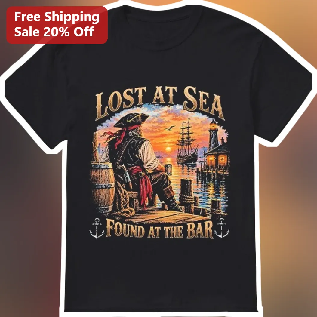 Lost At Sea Found At The Bar Vintage Pirate Tee Funny Nautical Drinking Humor Shirt