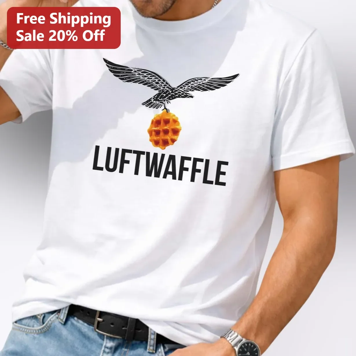 Luftwaffe Eagle Waffle Parody Graphic Tee Funny Breakfast Pun Shirt for Men