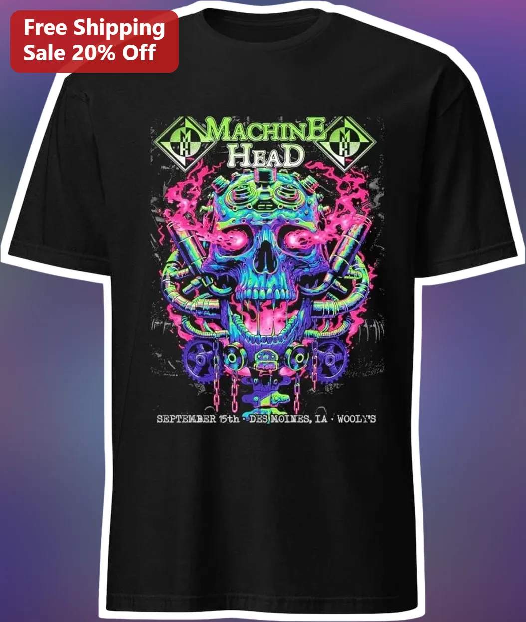 Machine Head Neon Psychedelic Skull Graphic Tee Heavy Metal Band Merch