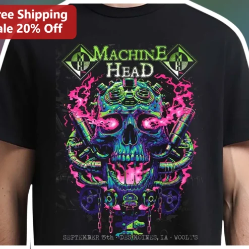 Machine Head Tee Cyberpunk Neon Skull Graphic Heavy Metal Band Shirt for Men Women