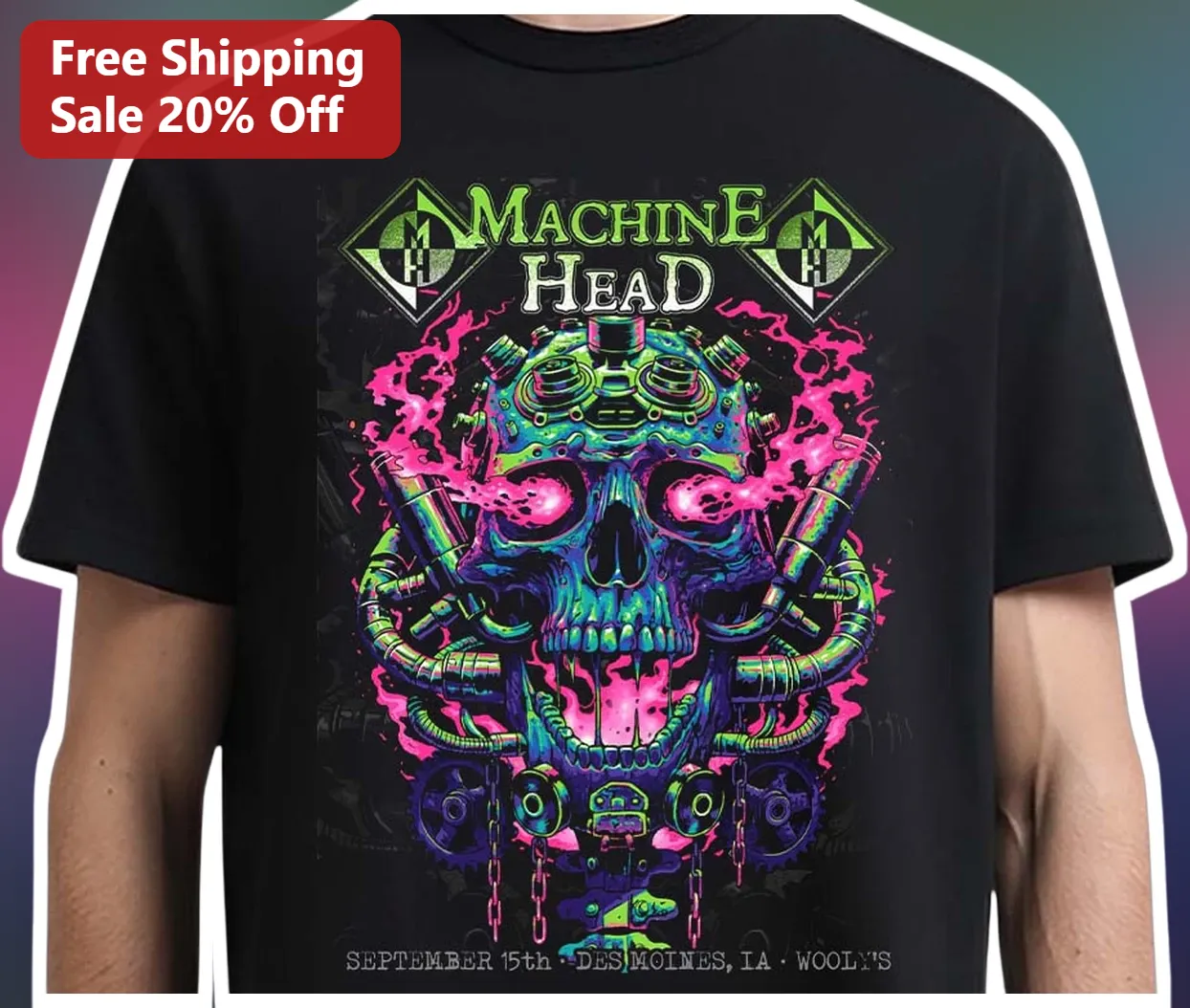 Machine Head Tee Cyberpunk Neon Skull Graphic Heavy Metal Band Shirt for Men Women