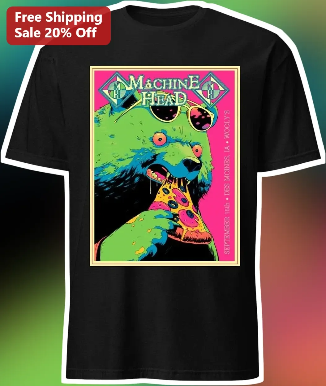 Machine Head Tee Neon Pop Art Bear Pizza Graphic Shirt for Men Women