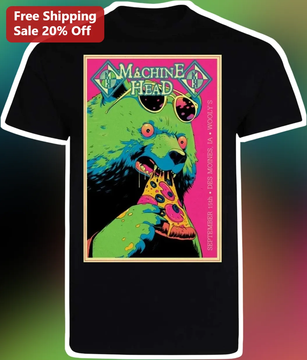 Machine Head Tee Psychedelic Bear Pizza Graphic Heavy Metal Band Shirt