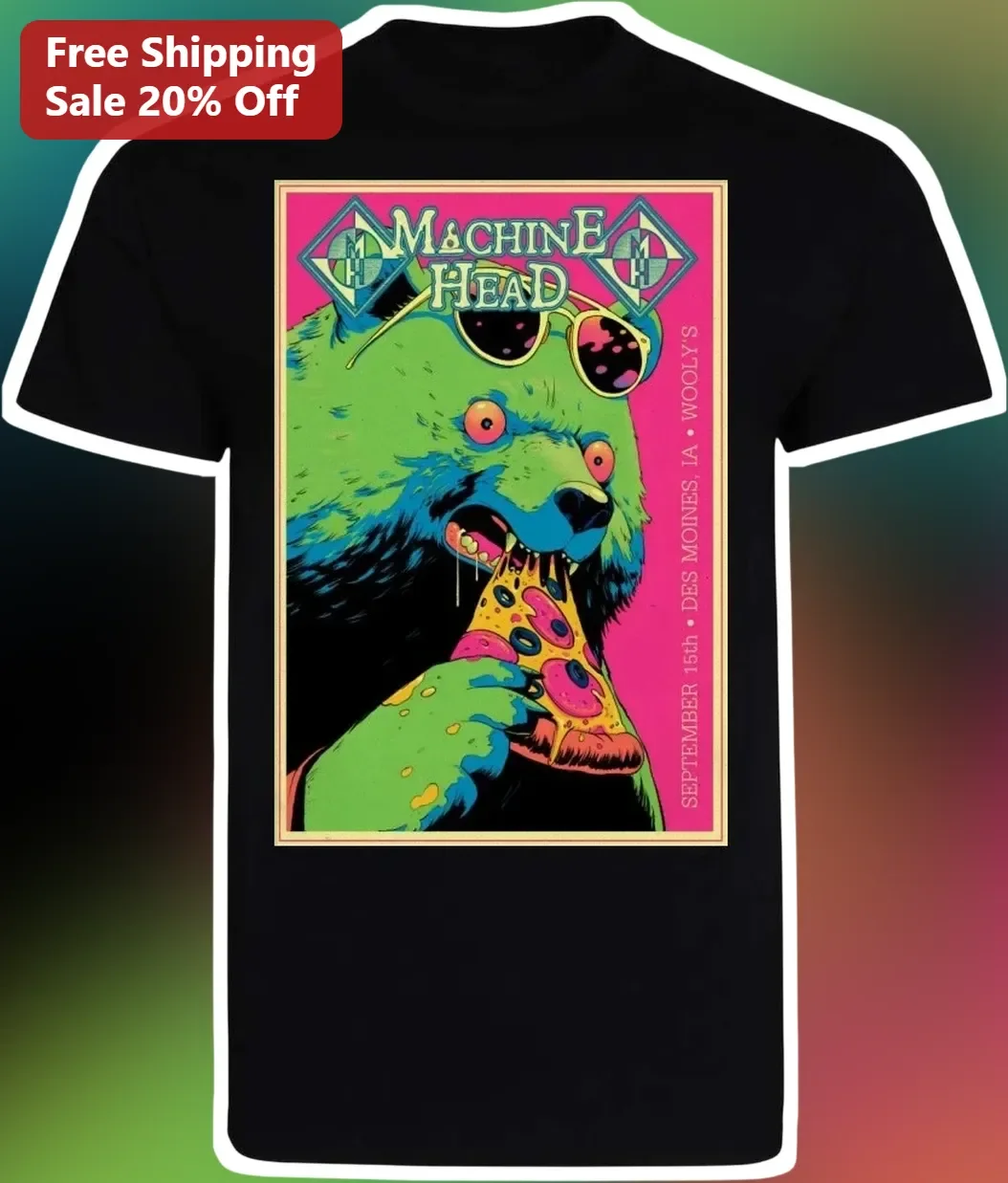 Machine Head Tee Vintage Bear Eating Pizza Graphic T-Shirt for Men