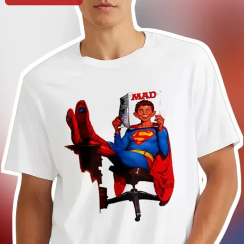 MAD Tee Superman Reading Magazine Retro Comic Book Illustration Graphic T-Shirt for DC Comics Fans