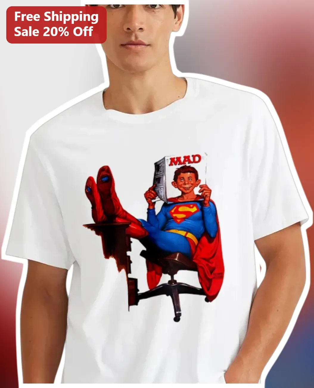 MAD Tee Superman Reading Magazine Retro Comic Book Illustration Graphic T-Shirt for DC Comics Fans