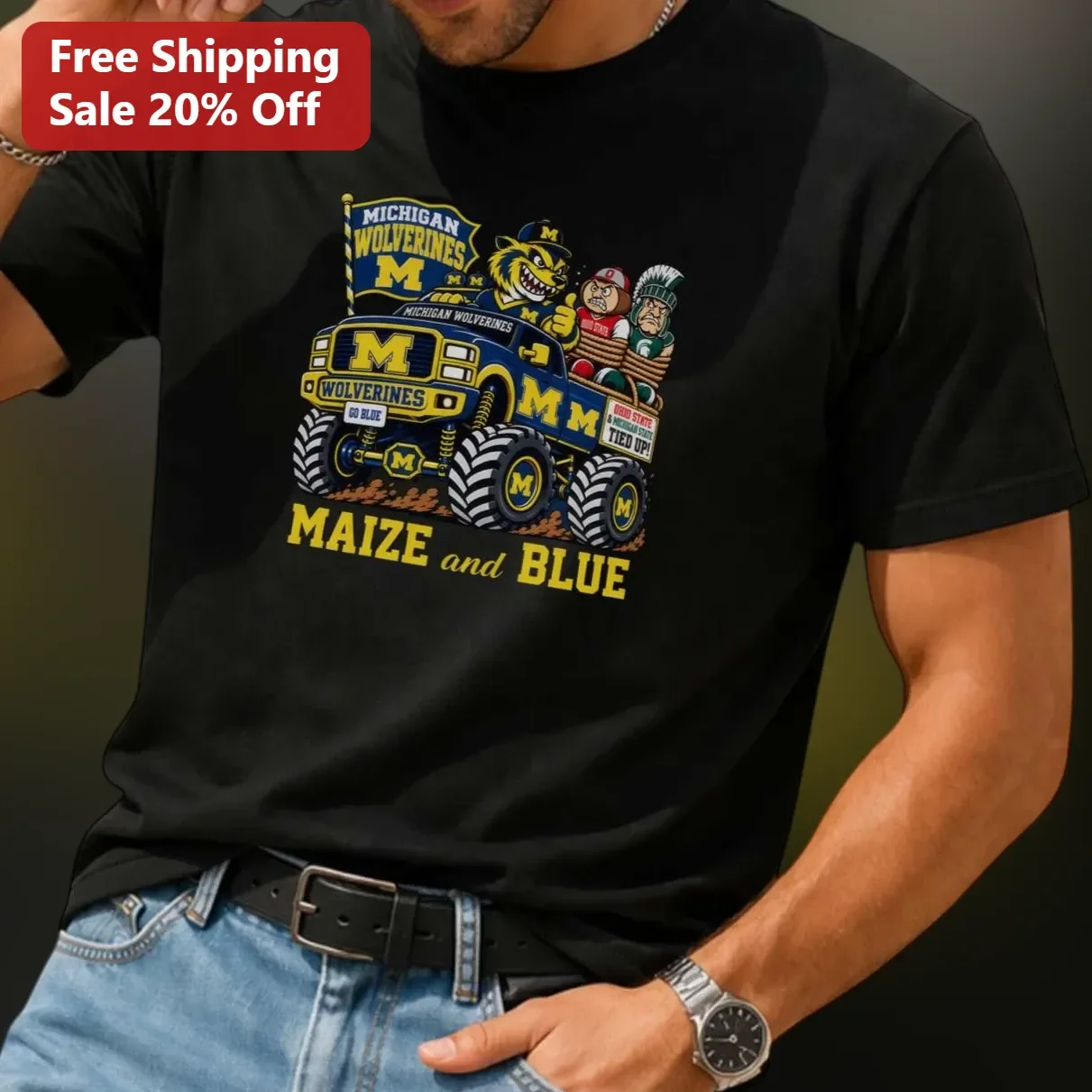 Maize and Blue Michigan Wolverines Monster Truck Graphic Tee Game Day Apparel for Men